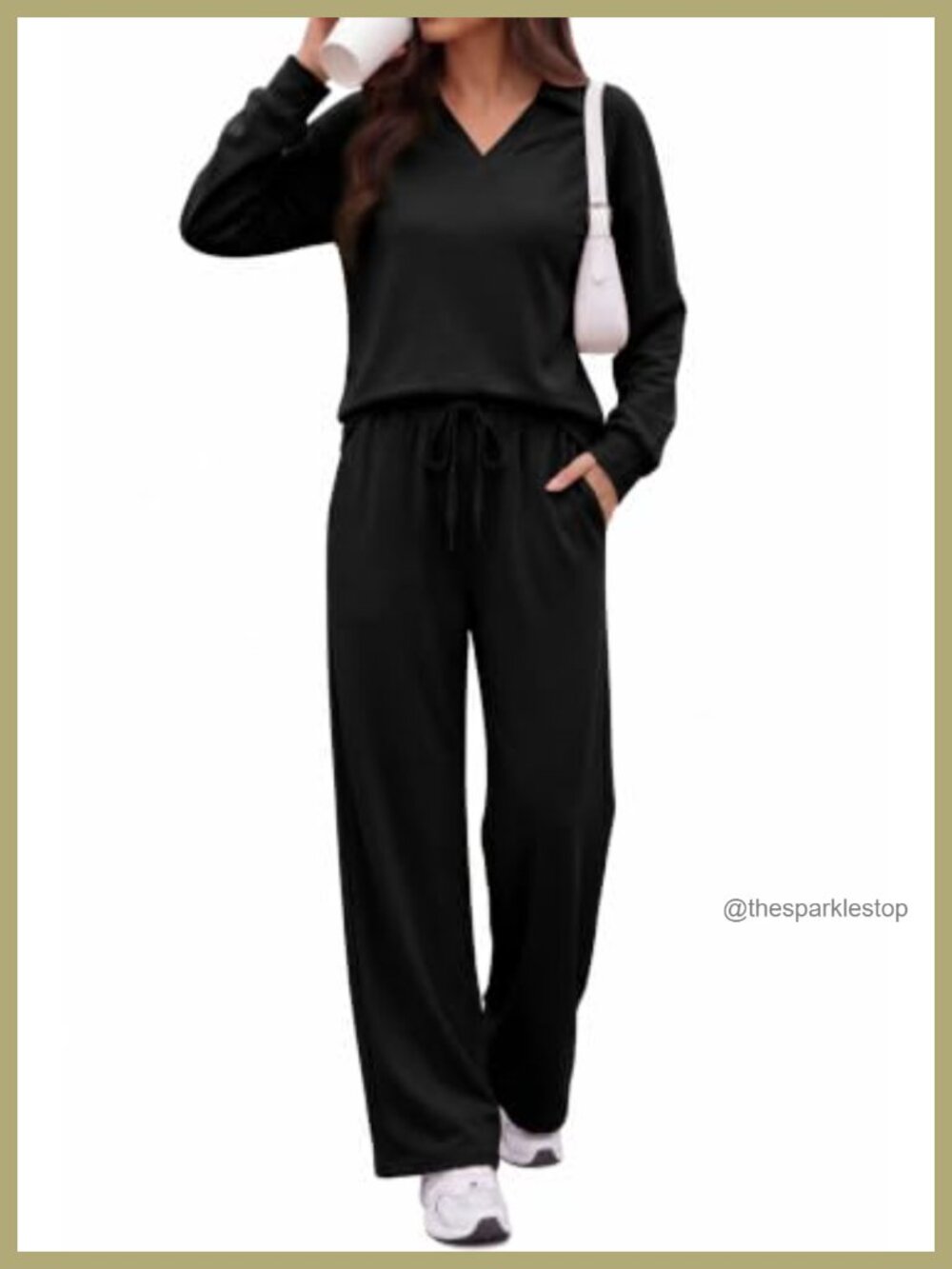 V Neck Long Sleeve Top Wide Leg Pants Lounge Set 2 Piece Travel Outfit